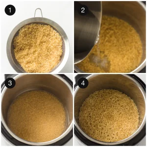 Long grain rice being rinsed under cold running water until it runs clear