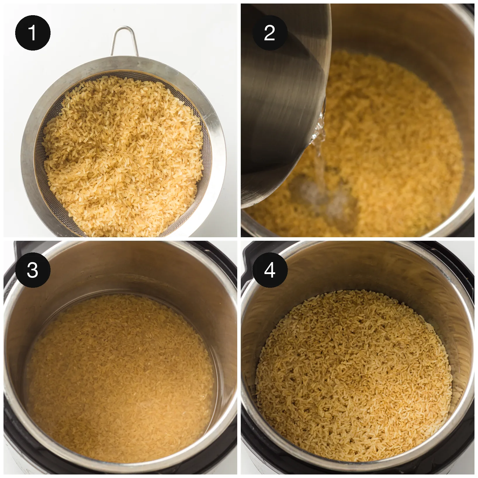 Long grain rice being rinsed under cold running water until it runs clear