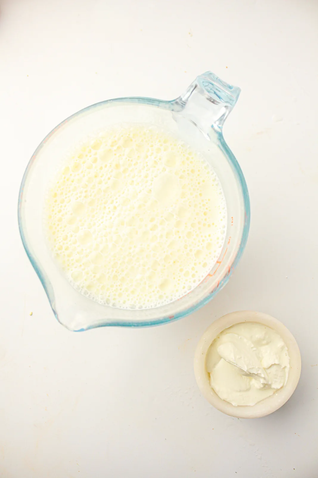 Ingredients for instant pot yogurt: a jug of whole milk and a small bowl of live culture starter