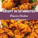 Popcorn chicken piled in a basket and spread over a tray