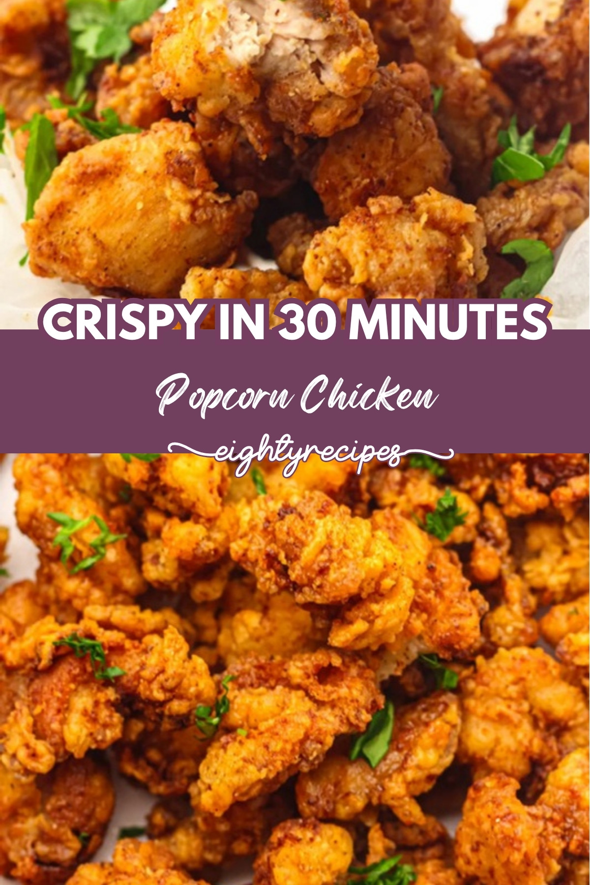 Popcorn chicken piled in a basket and spread over a tray