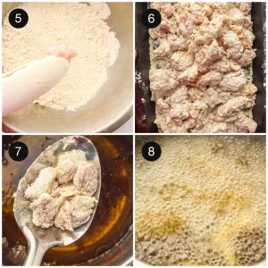 Pieces dredged in seasoned flour and pressed until the surface looks shaggy