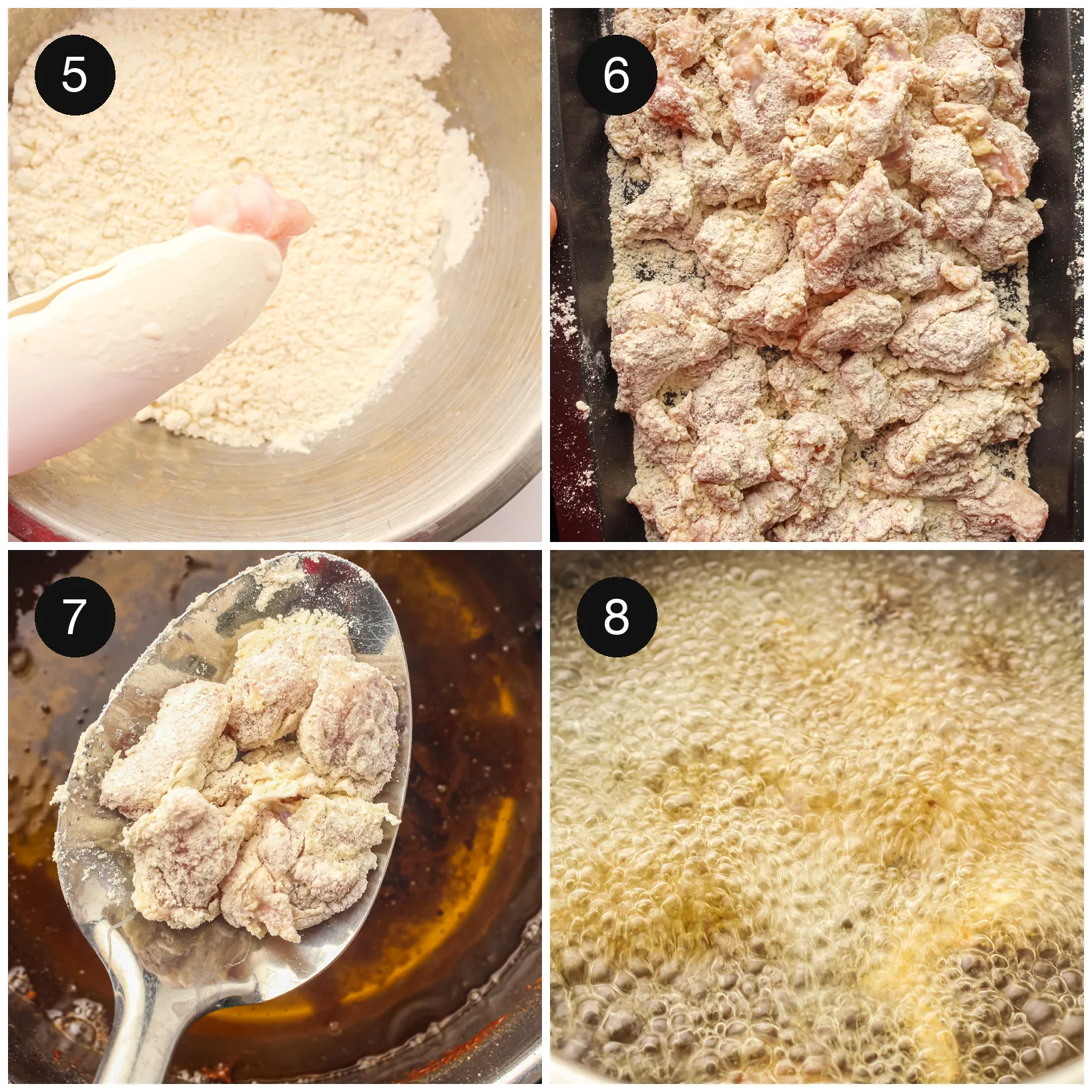 Pieces dredged in seasoned flour and pressed until the surface looks rough and shaggy