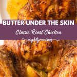 Roast chicken with golden crisp skin, whole on a serving plate