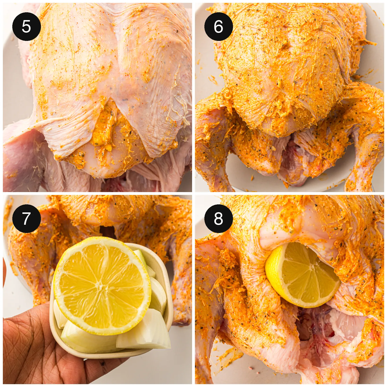 Seasoned butter rubbed over the bird and lemon halves tucked into the cavity