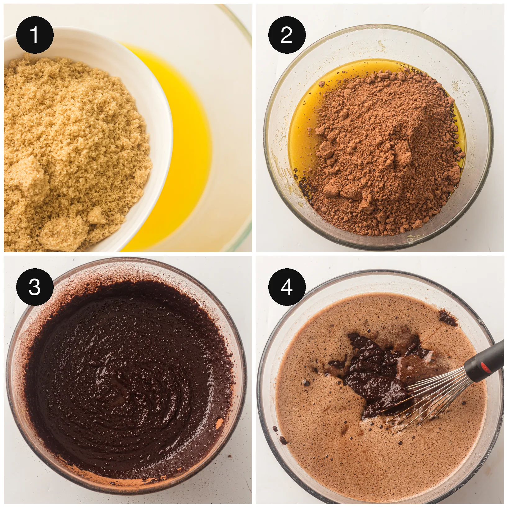 Brown sugar stirred into melted butter, then cocoa powder folded through until glossy