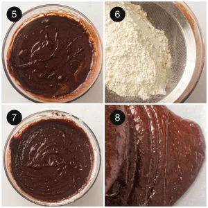 Glossy dark batter in a bowl with flour sifted over the top ready to fold