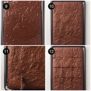 Dark batter smoothed into the lined tray, baked until set, then cut into squares