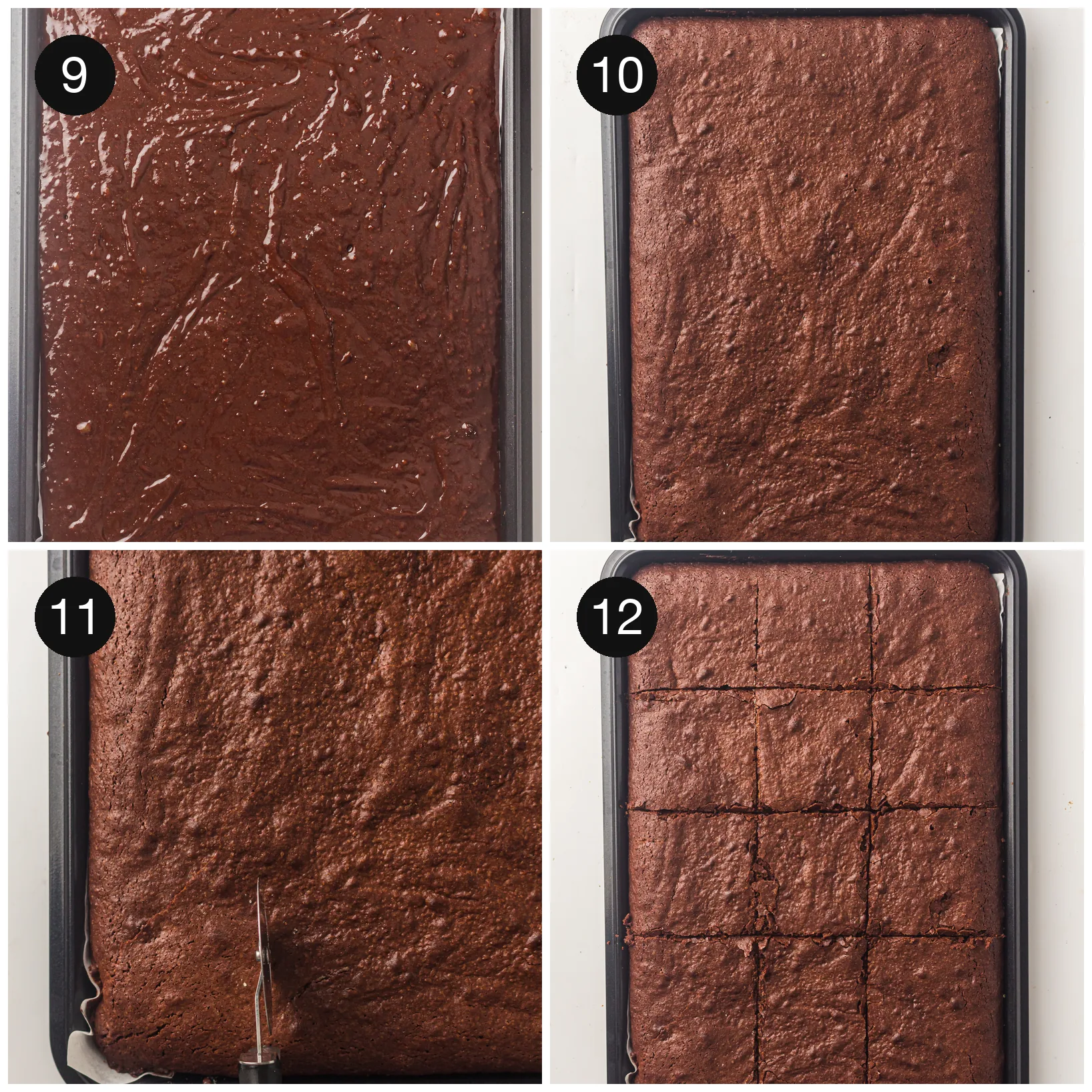 Dark batter smoothed into the lined tray, baked until set, then cut into neat squares