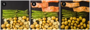 Green spears and potatoes arranged on the tray, then fillets laid in the gaps