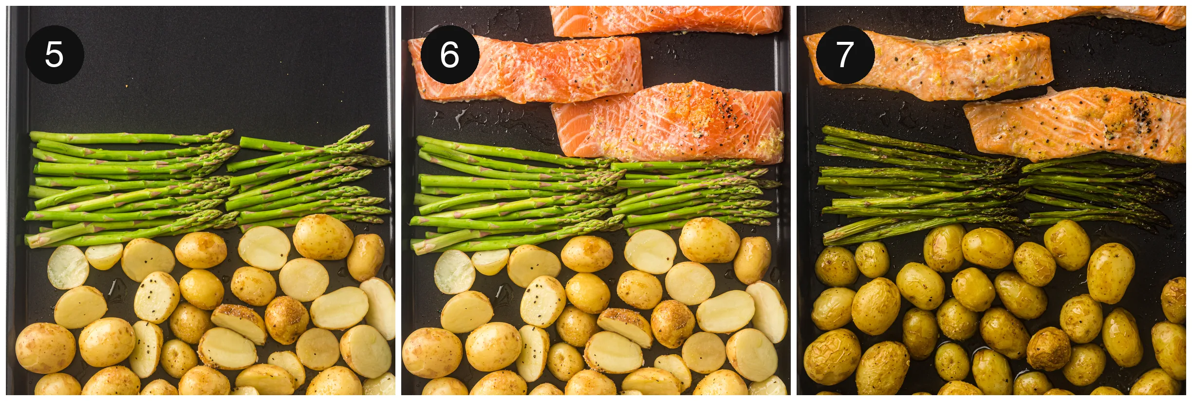 Green spears and potatoes arranged on the tray, then fillets laid in the gaps between them