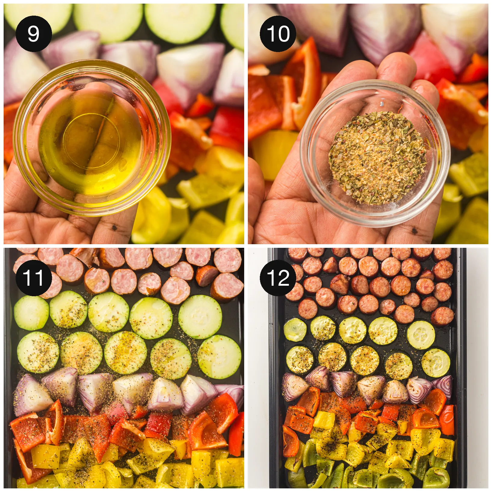 Oil and dried herbs added to the tray, then everything tossed and spread in a single layer