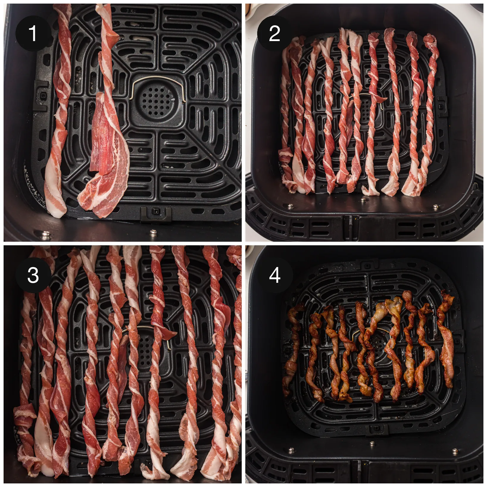 Raw rashers being wound into spirals, laid in the basket, then cooked to deep brown
