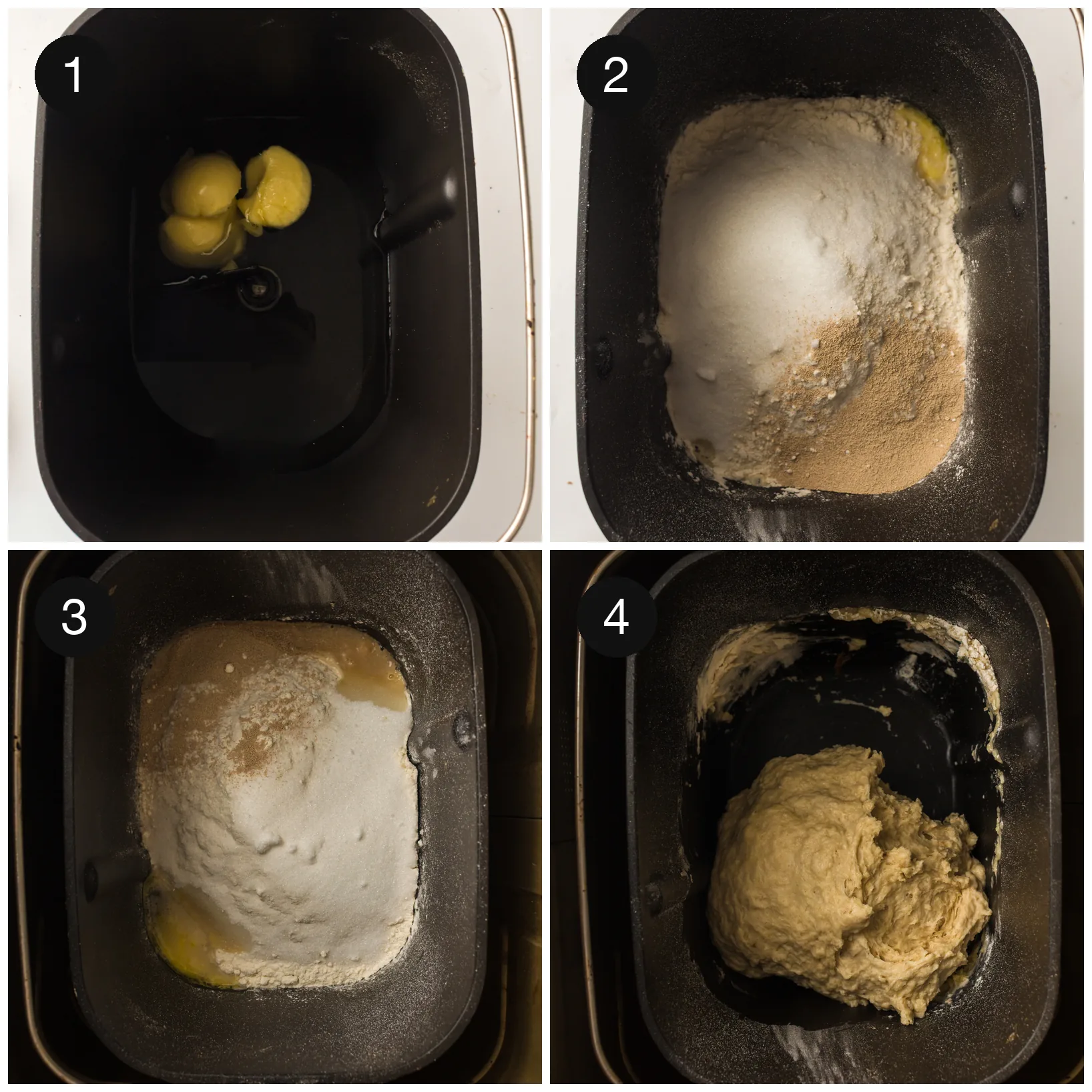 Liquid ingredients going into the pan, then flour levelled over the top