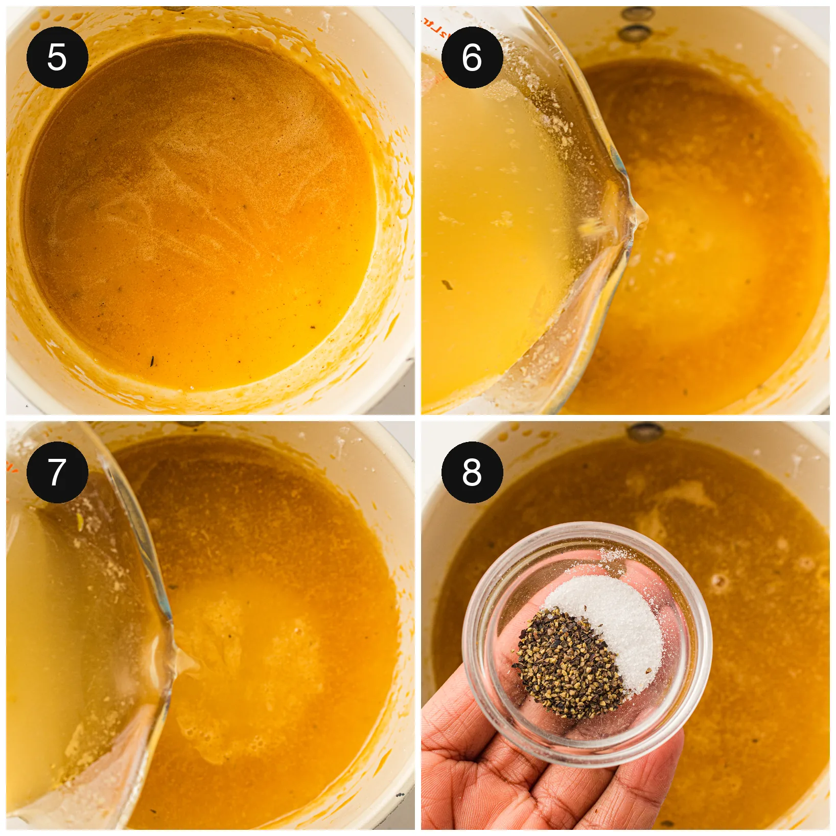 Warm stock being added gradually and whisked until the mixture is smooth