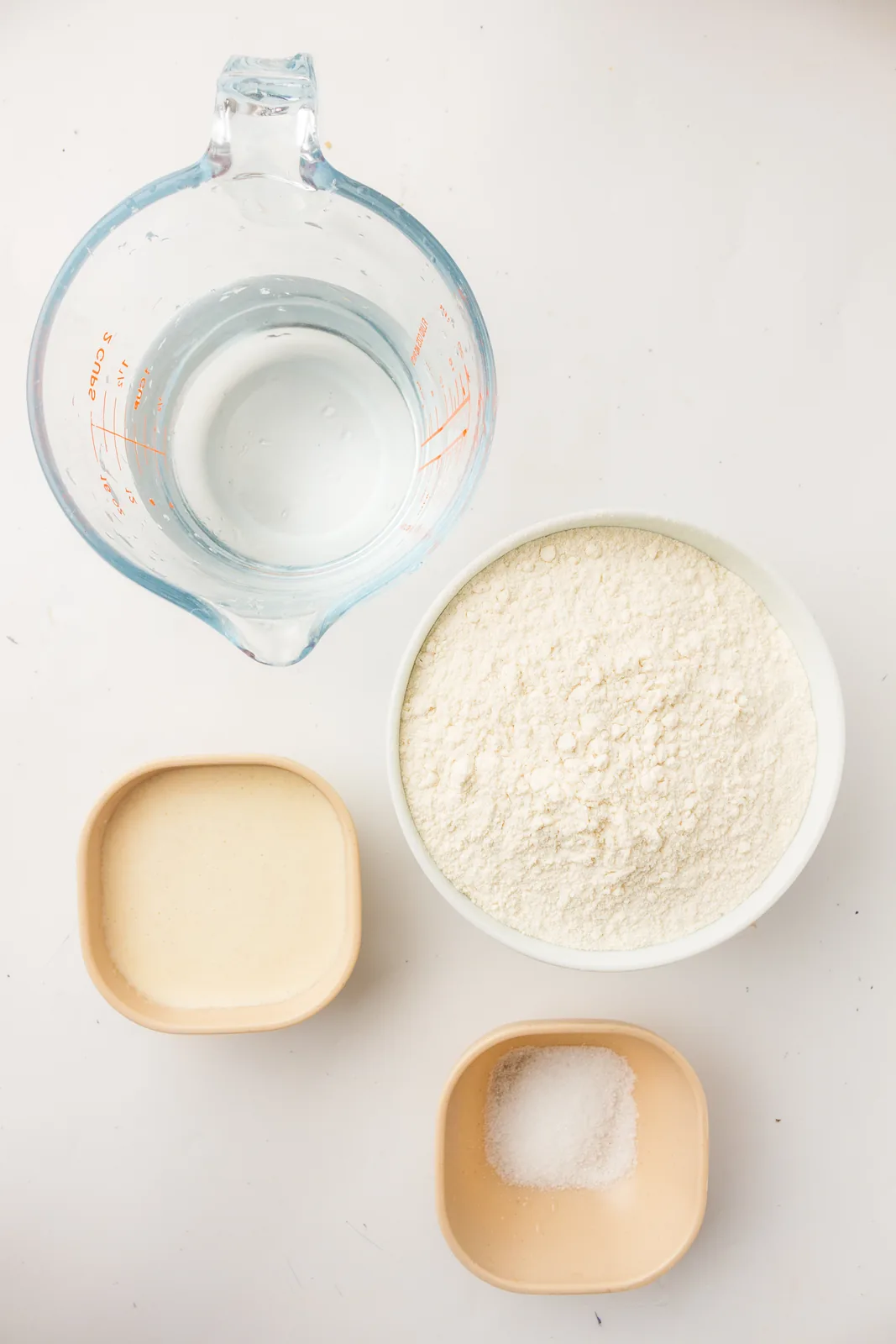 Ingredients for an artisan sourdough loaf: bread flour, water, starter and sea salt