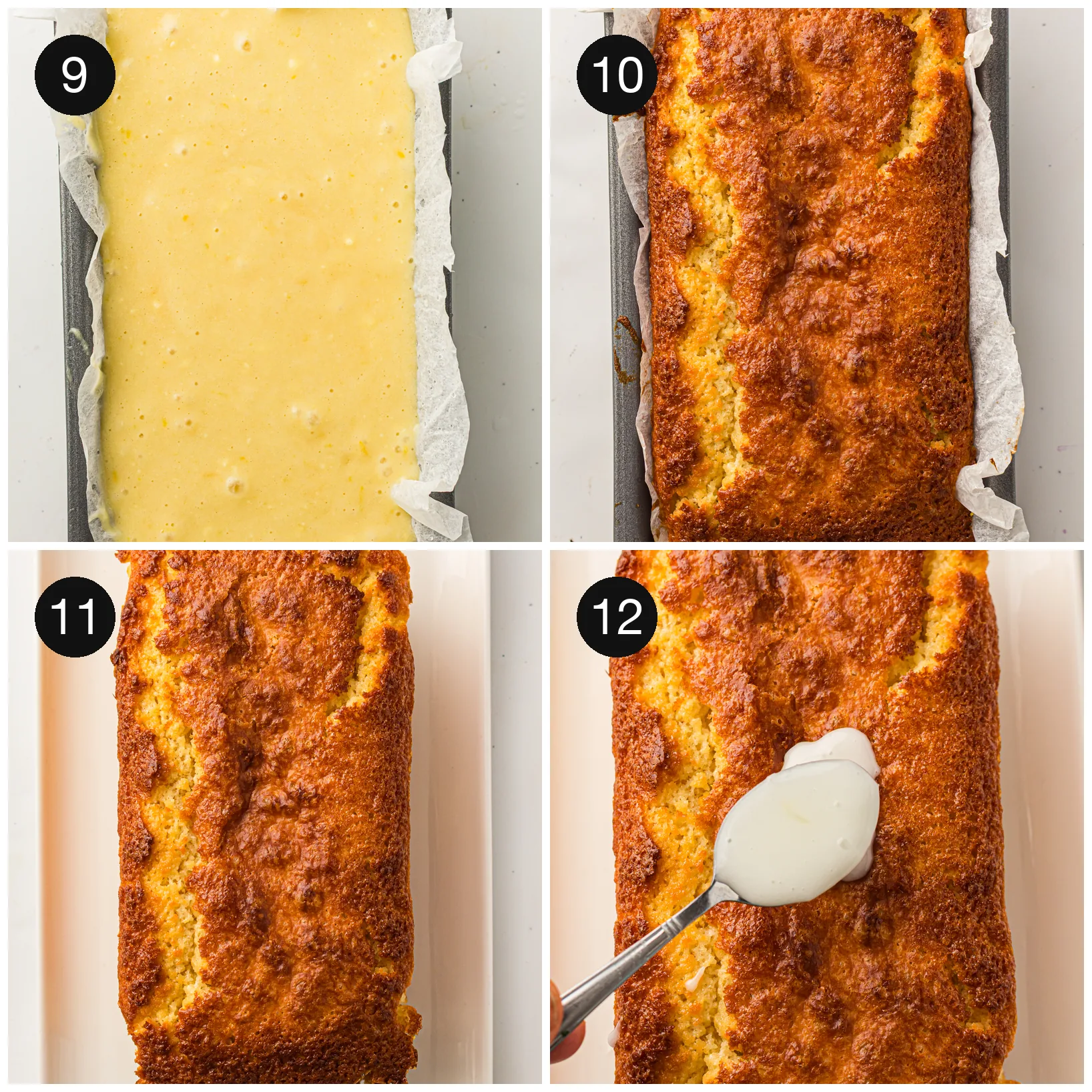 Batter smoothed into the tin, the baked loaf, then the glaze spooned over