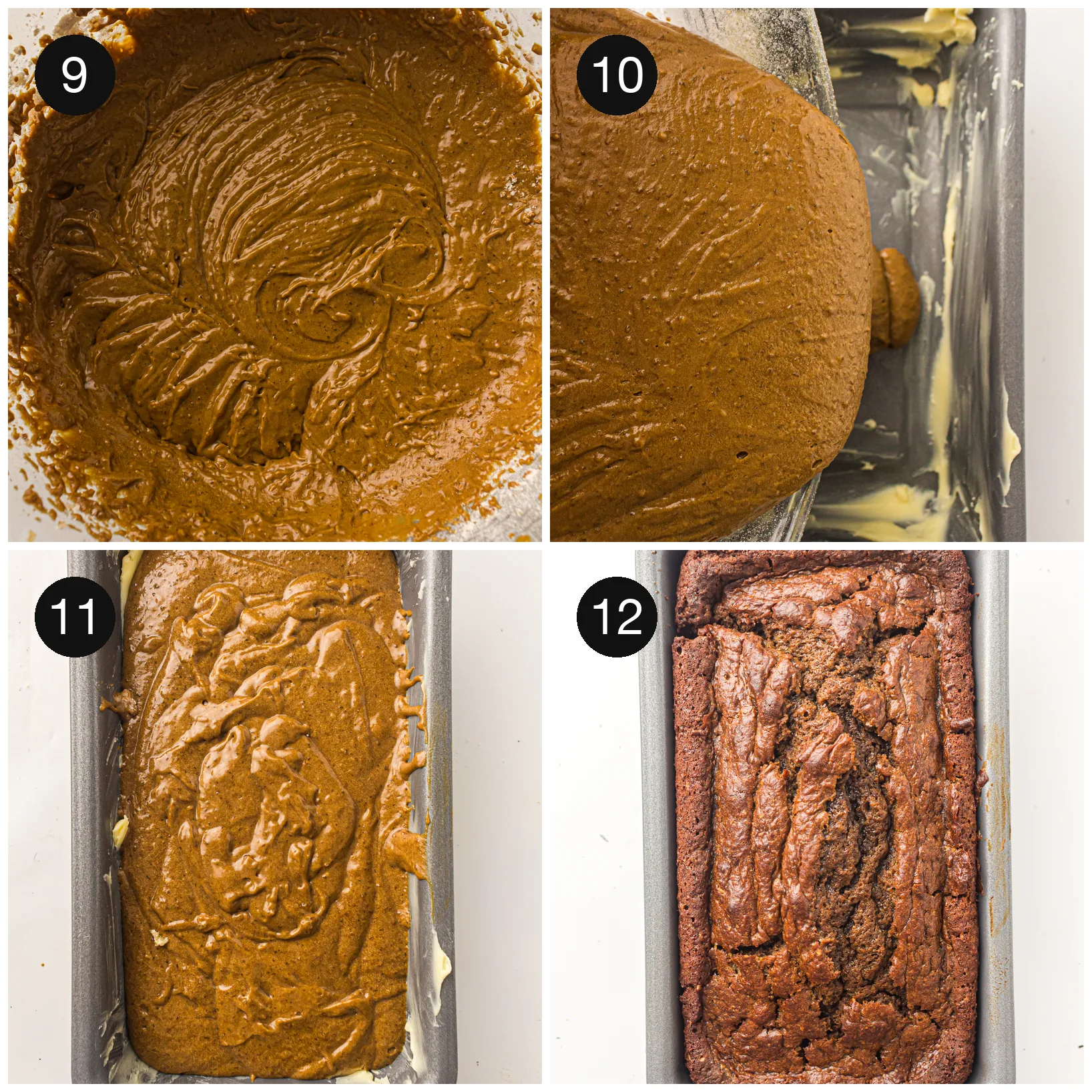 The dark batter smoothed into a lined tin, then the baked cake with a cracked top