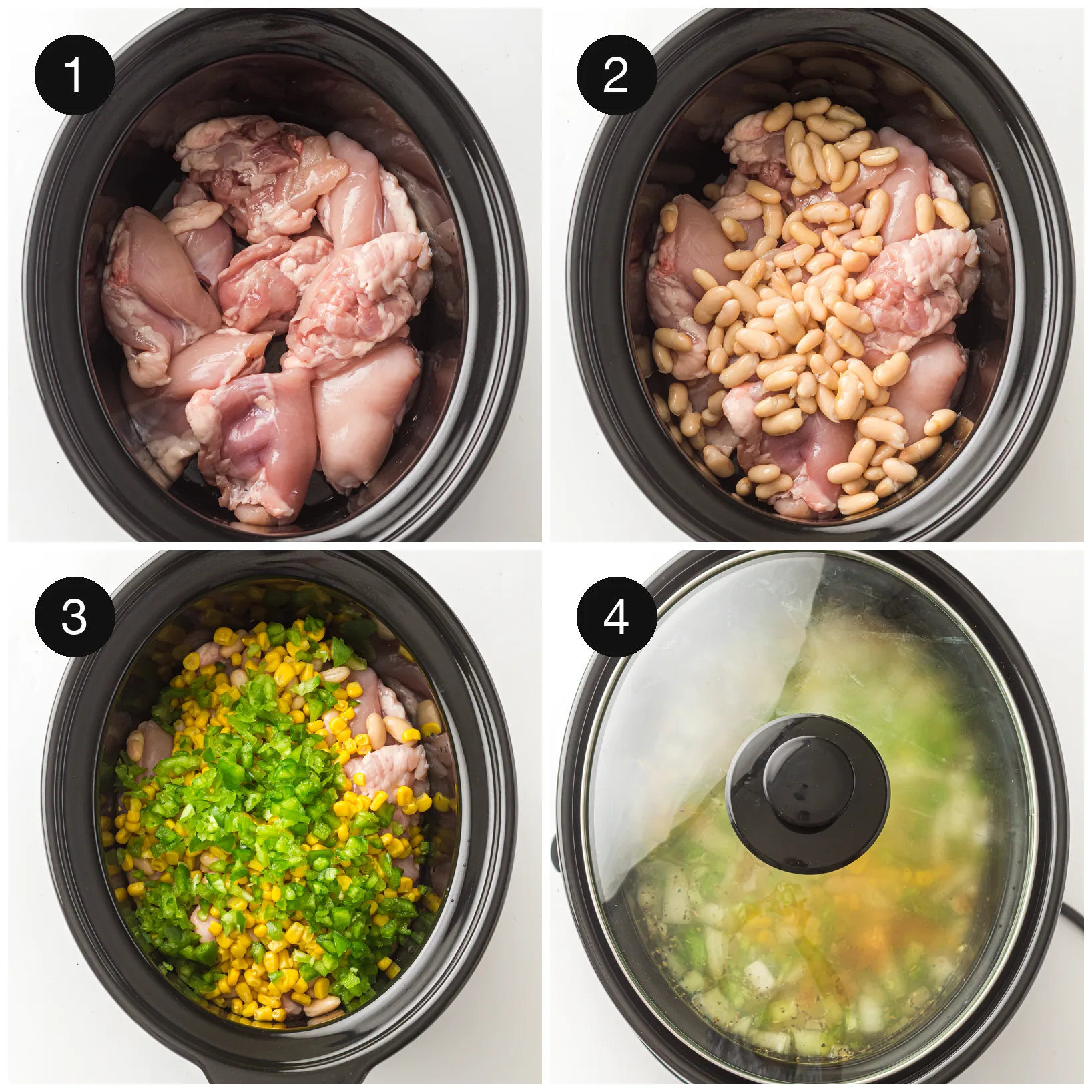 Raw meat in the pot, then beans, sweetcorn and chopped green chillies added