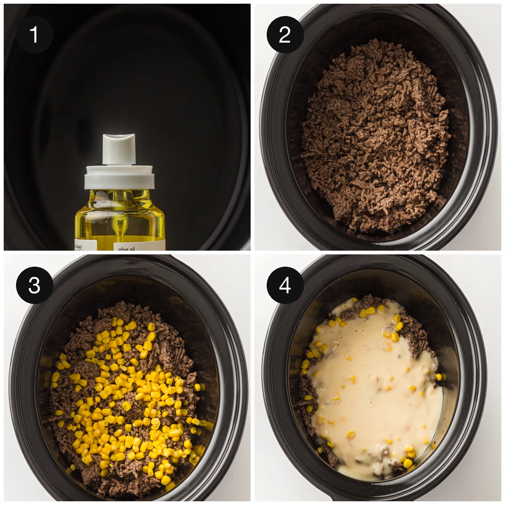 Browned mince, drained sweetcorn and condensed soup going into the pot