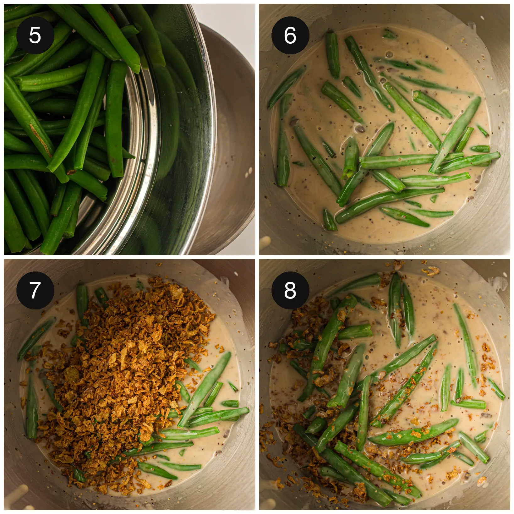 Blanched beans folded through the creamy sauce with onions stirred in
