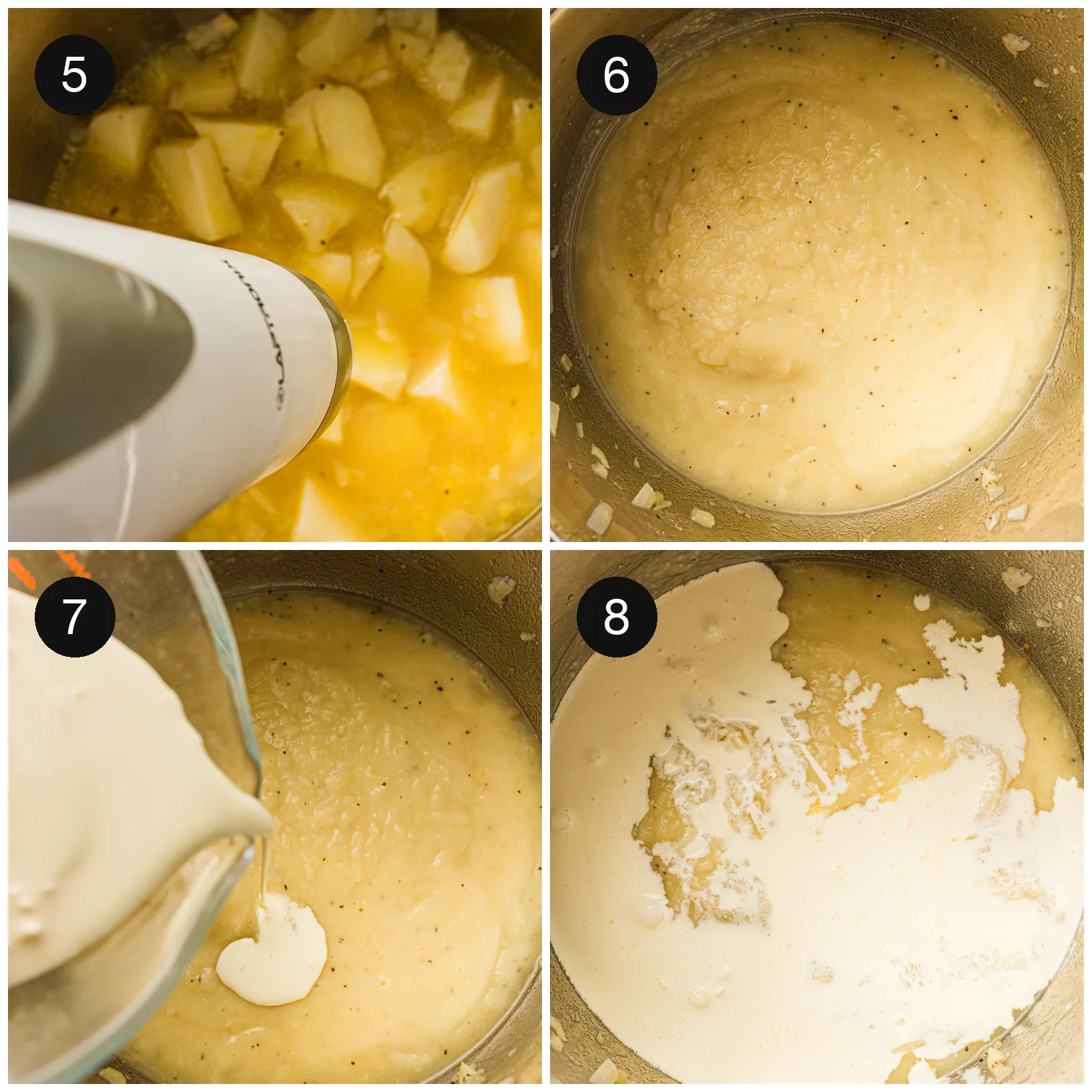 A stick blender going into the pan, then cream being poured in and stirred through