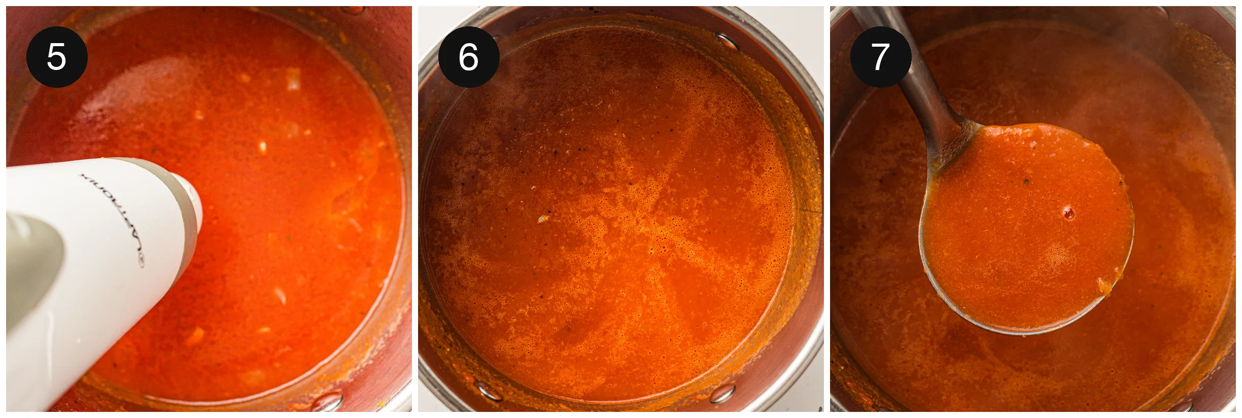 A stick blender working through the pan until the mixture turns silky