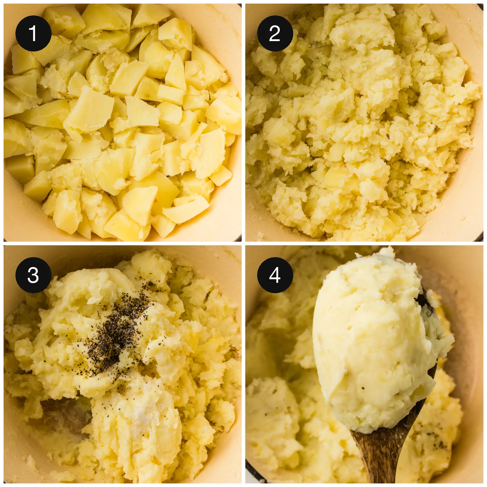 Cubed raw spuds in a pan, then crushed, seasoned and lifted on a spoon