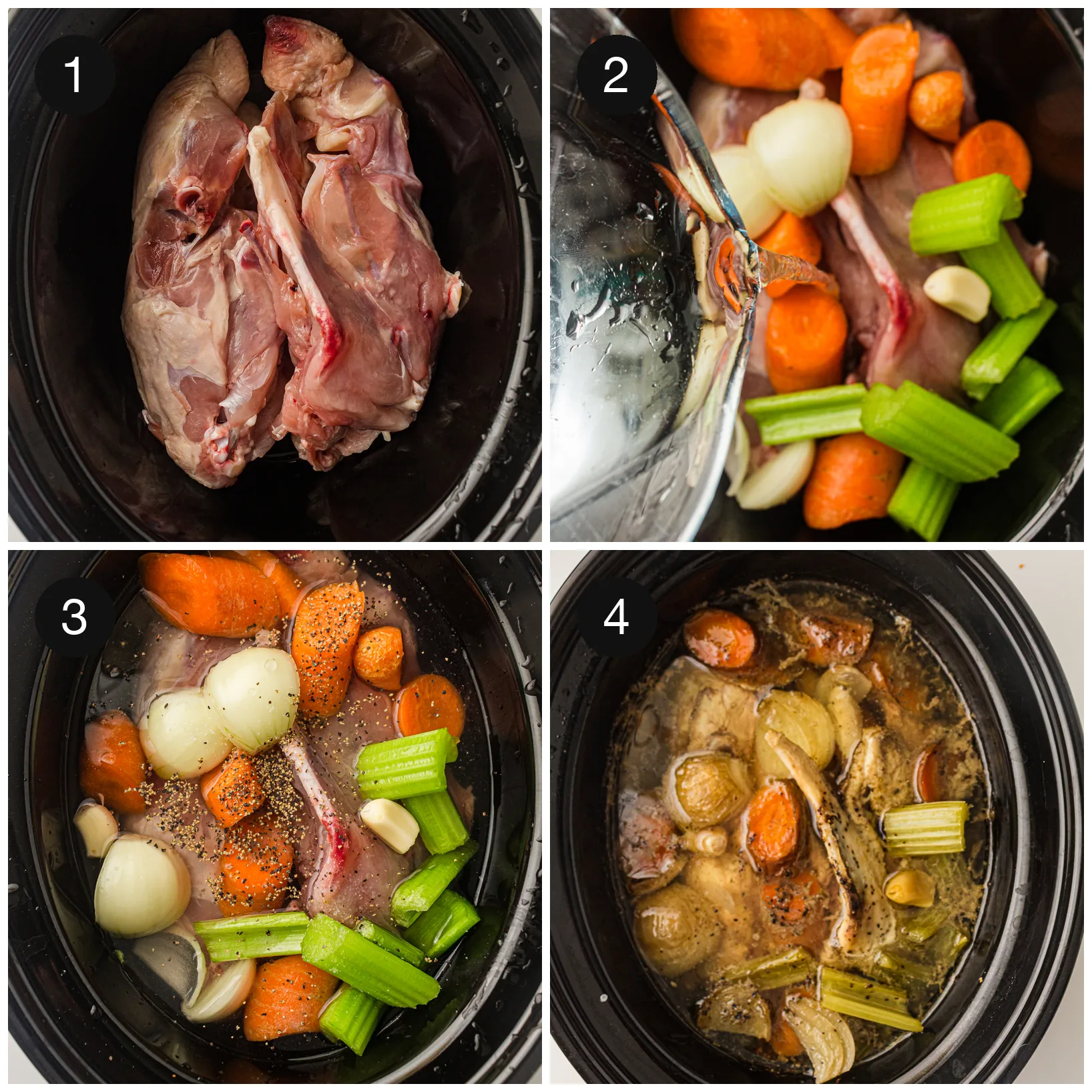 Bones going into the pot, then roughly chopped vegetables tipped in around them