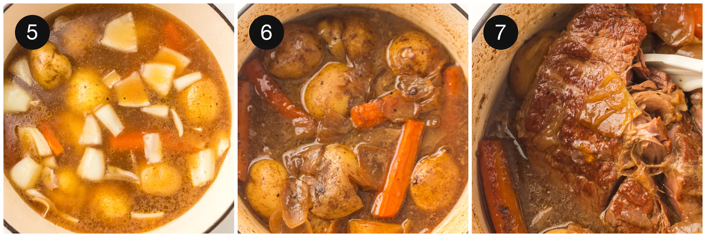 Braised until the meat falls apart under a glossy gravy