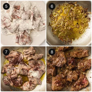 Floured pieces browning in a hot pan beside softened golden rings