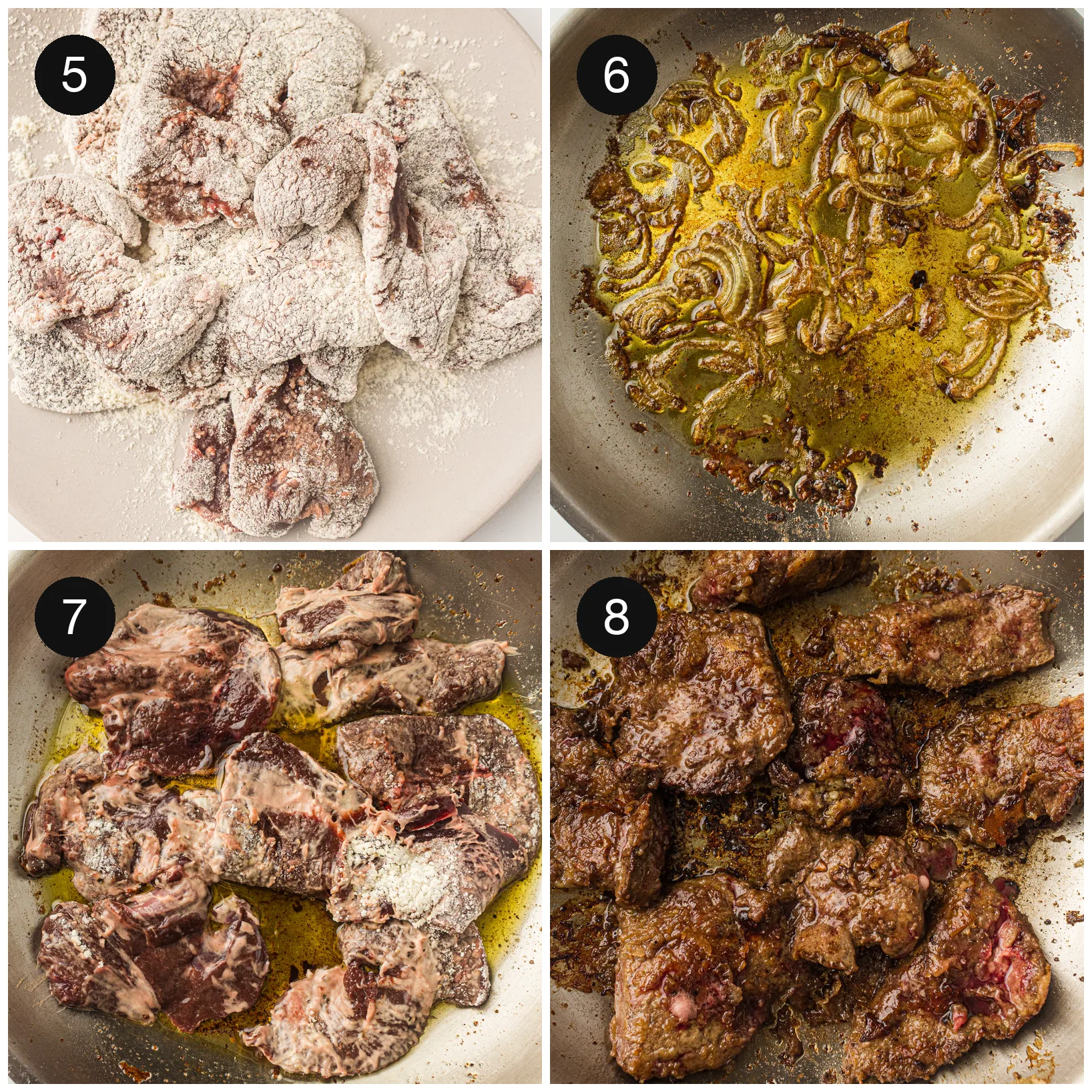 Floured pieces browning in a hot pan beside softened golden rings