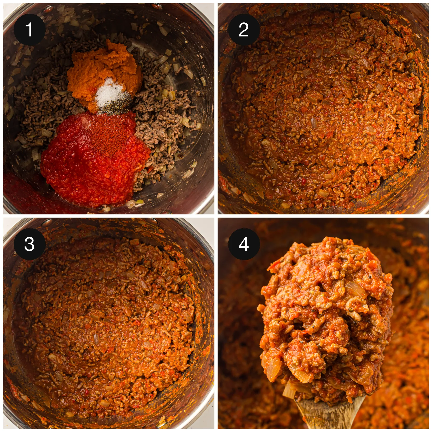 Mince browning with onion and garlic, then the seasoning going into the pan