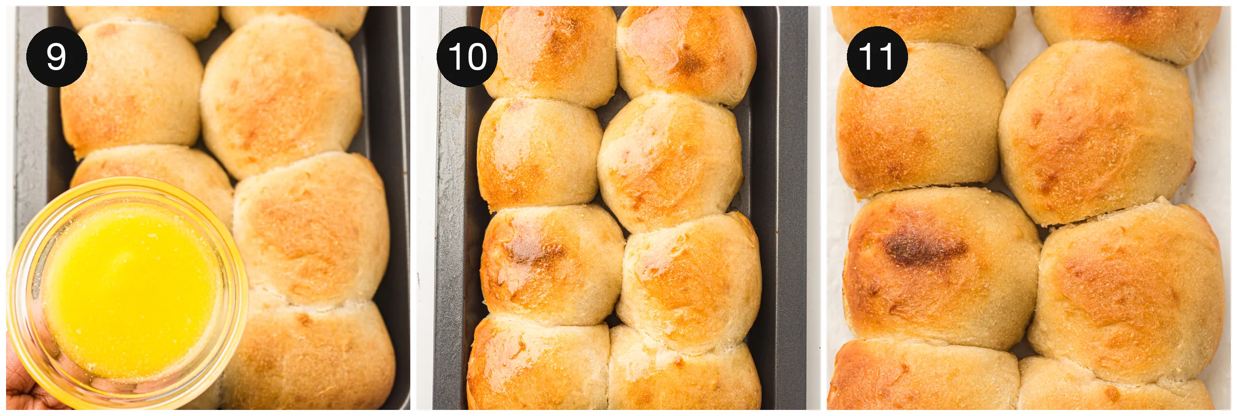 Melted butter brushed over the hot golden tray of buns