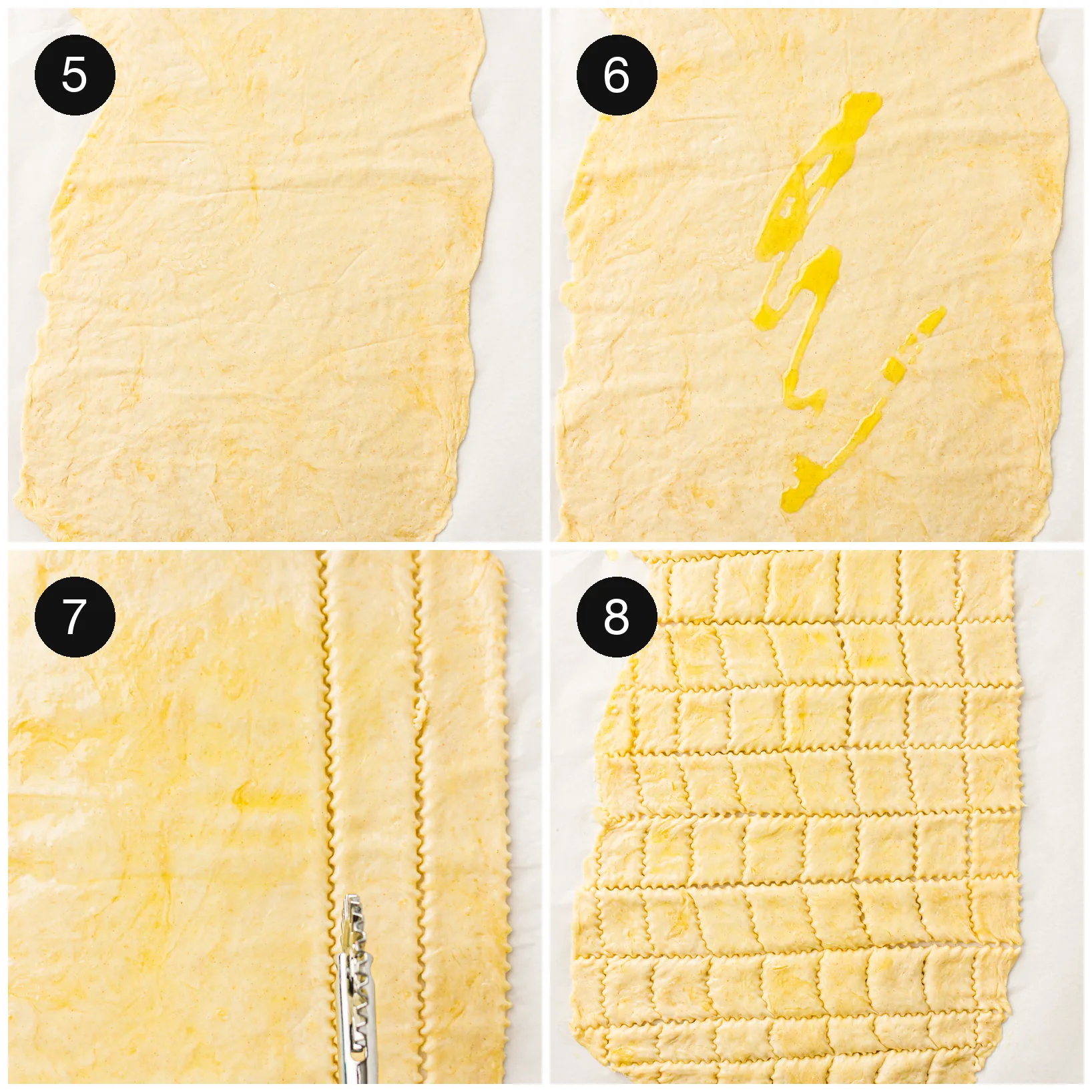 Olive oil brushed across the rolled sheet, then scored into small squares