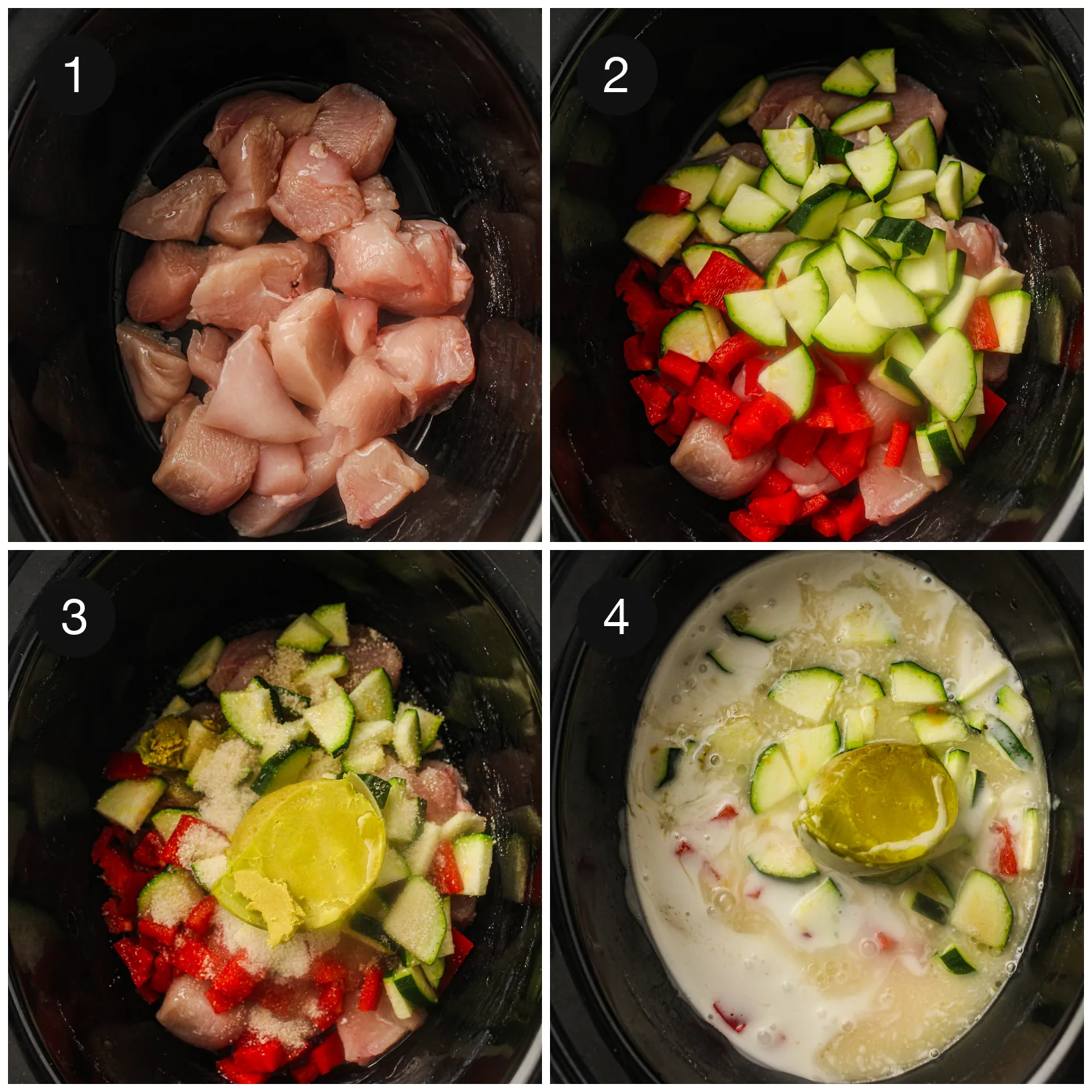 Chopped meat, diced pepper and courgette, then coconut milk poured into the pot
