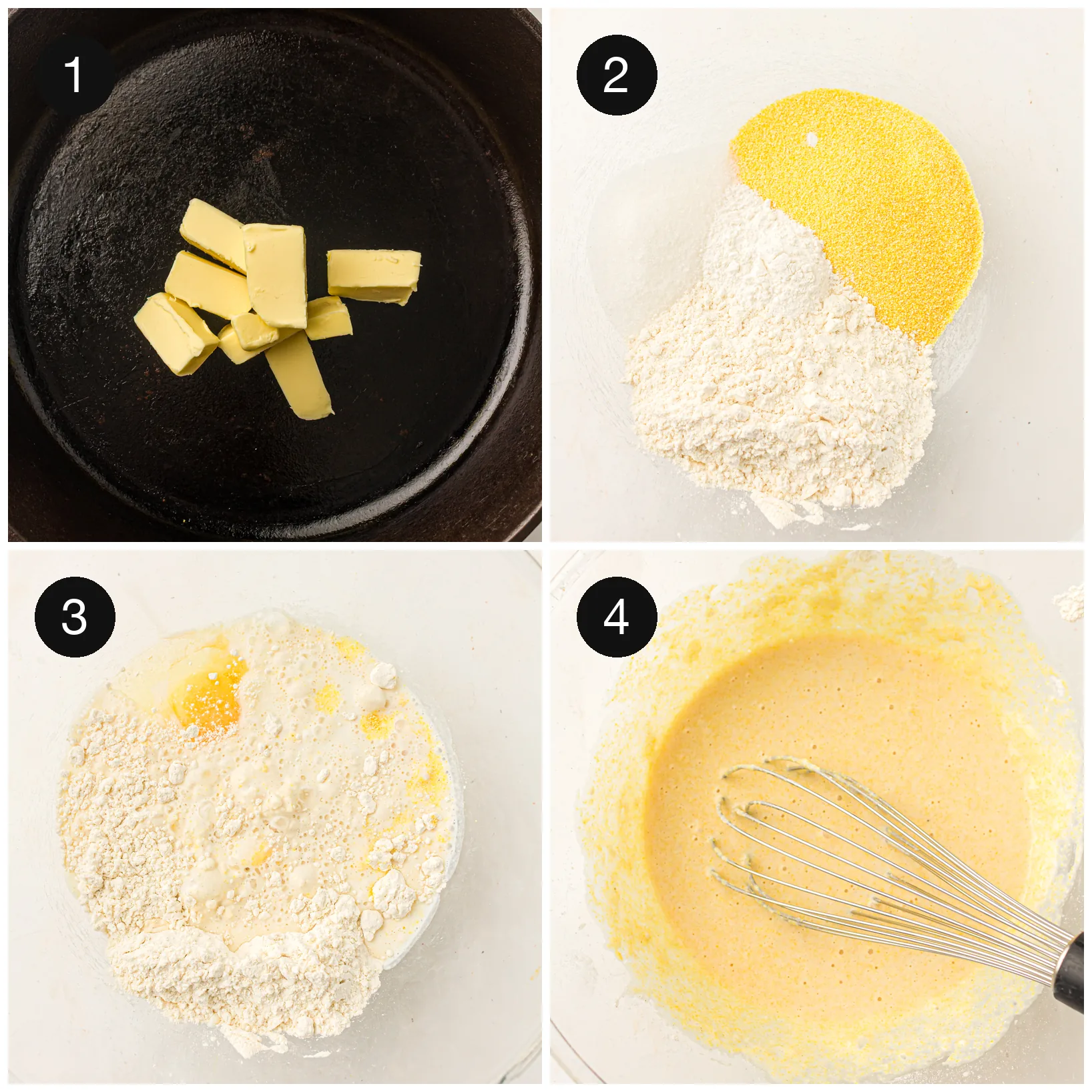 Butter melting in the hot pan, then the dry ingredients being stirred together