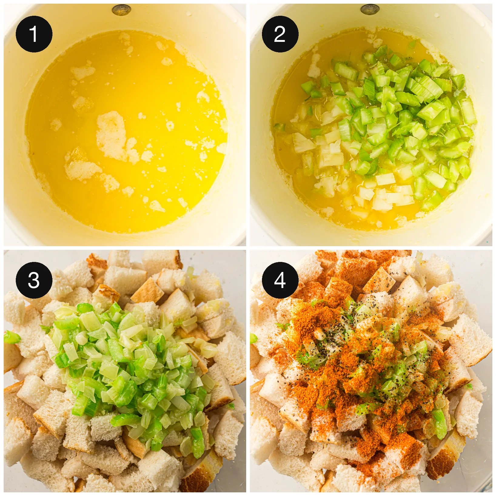 Butter melting in a pan, then diced onion and celery softening in it
