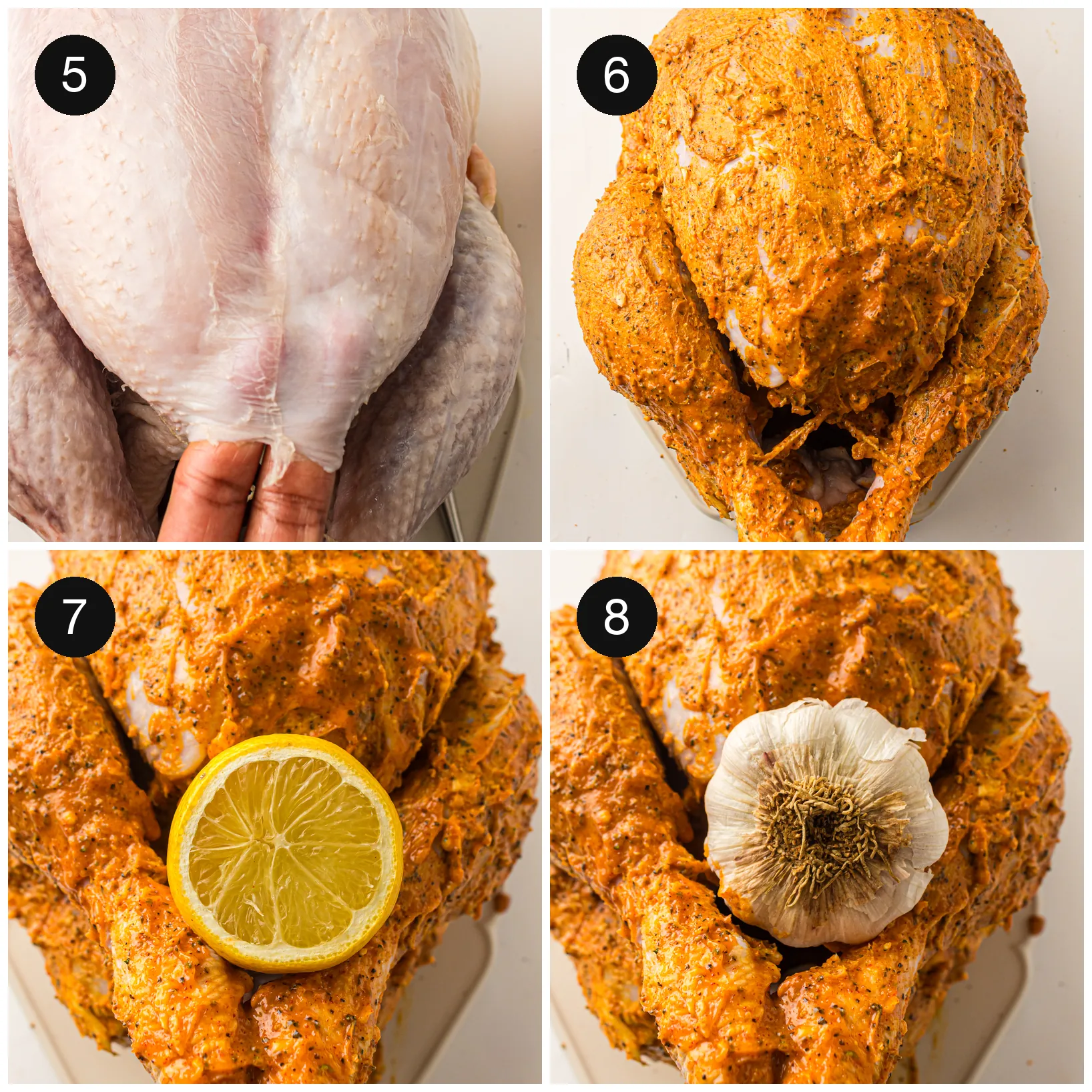 Butter being worked under the skin, then lemon and garlic tucked into the cavity
