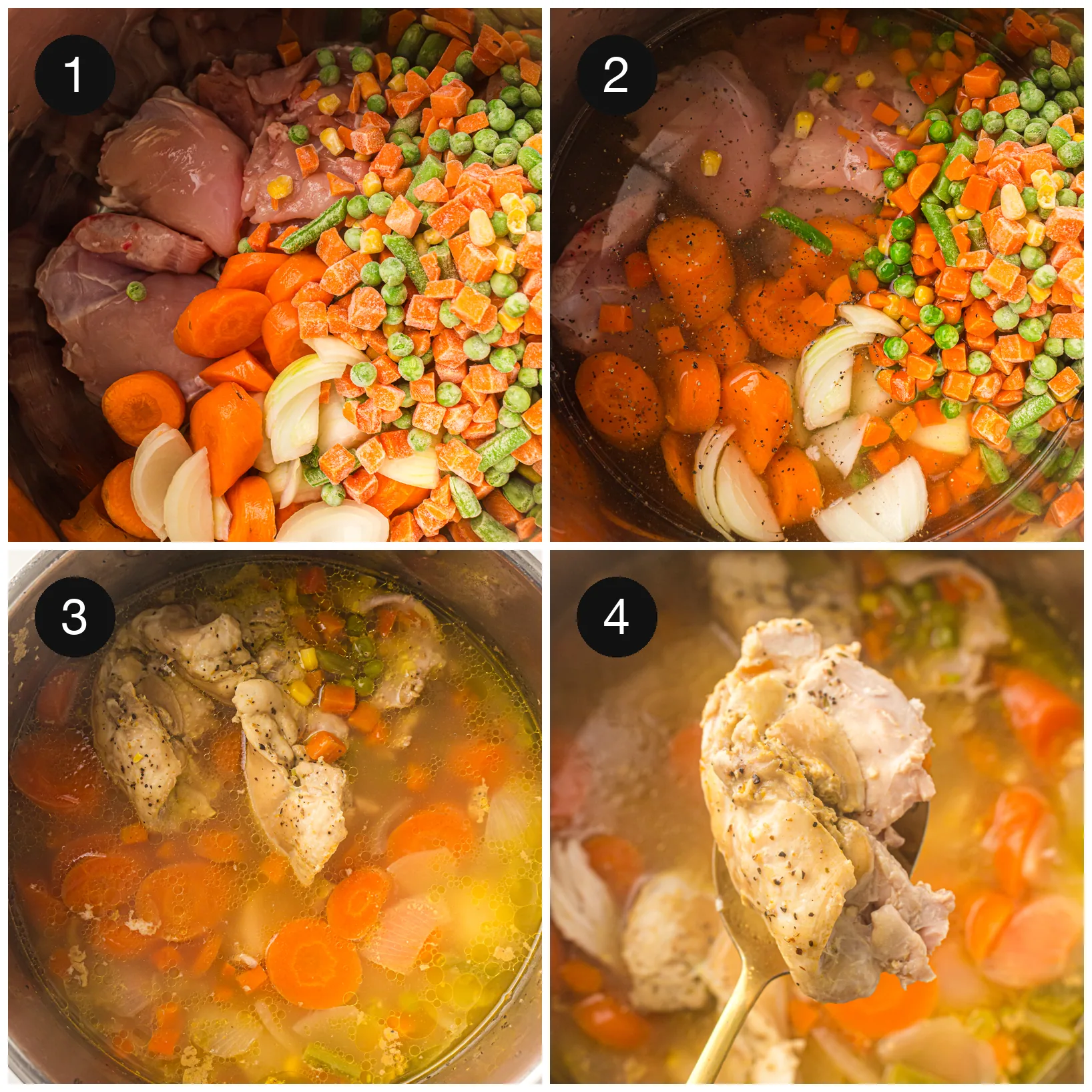 Chicken pieces, carrots and mixed vegetables added to the pot with stock