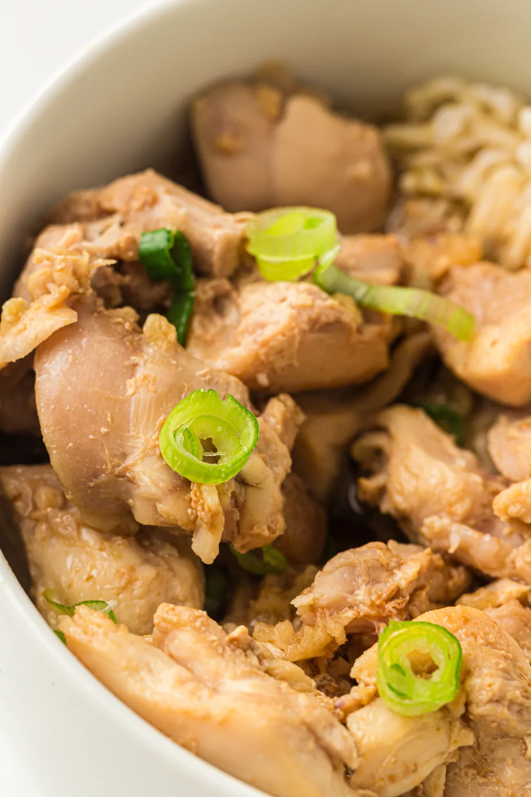 A white bowl of sliced meat and fluffy rice with spring onion