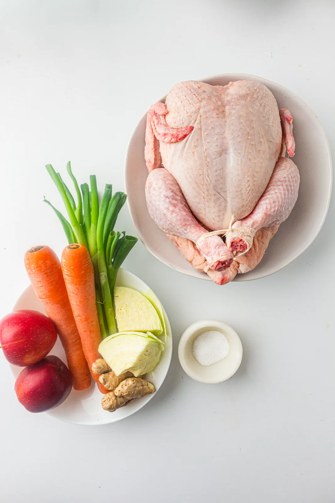 Ingredients for chinese chicken soup: a whole chicken, cabbage, apples, carrots, scallions and ginger