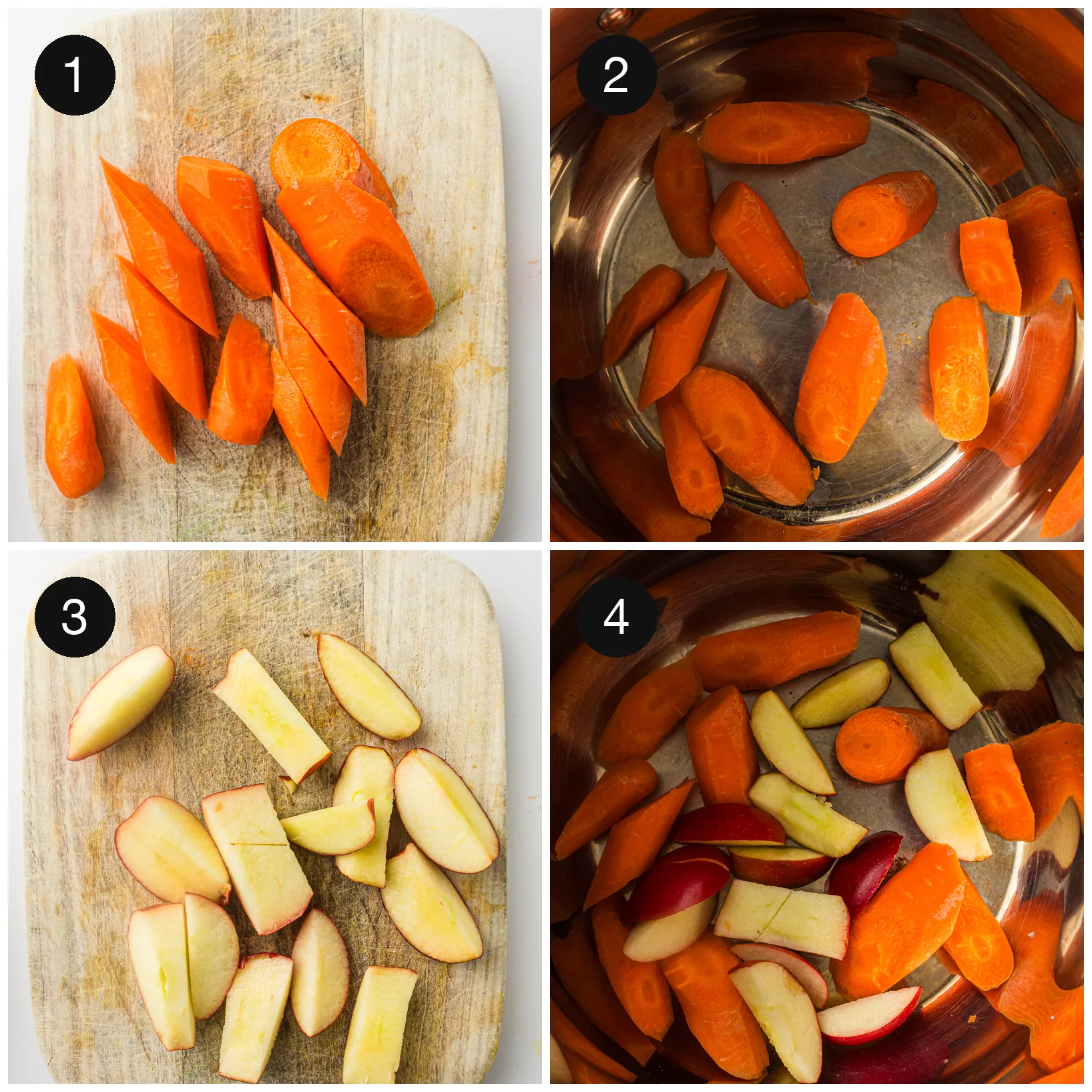 Carrots and apples chopped on a board, then tipped into a heavy pot