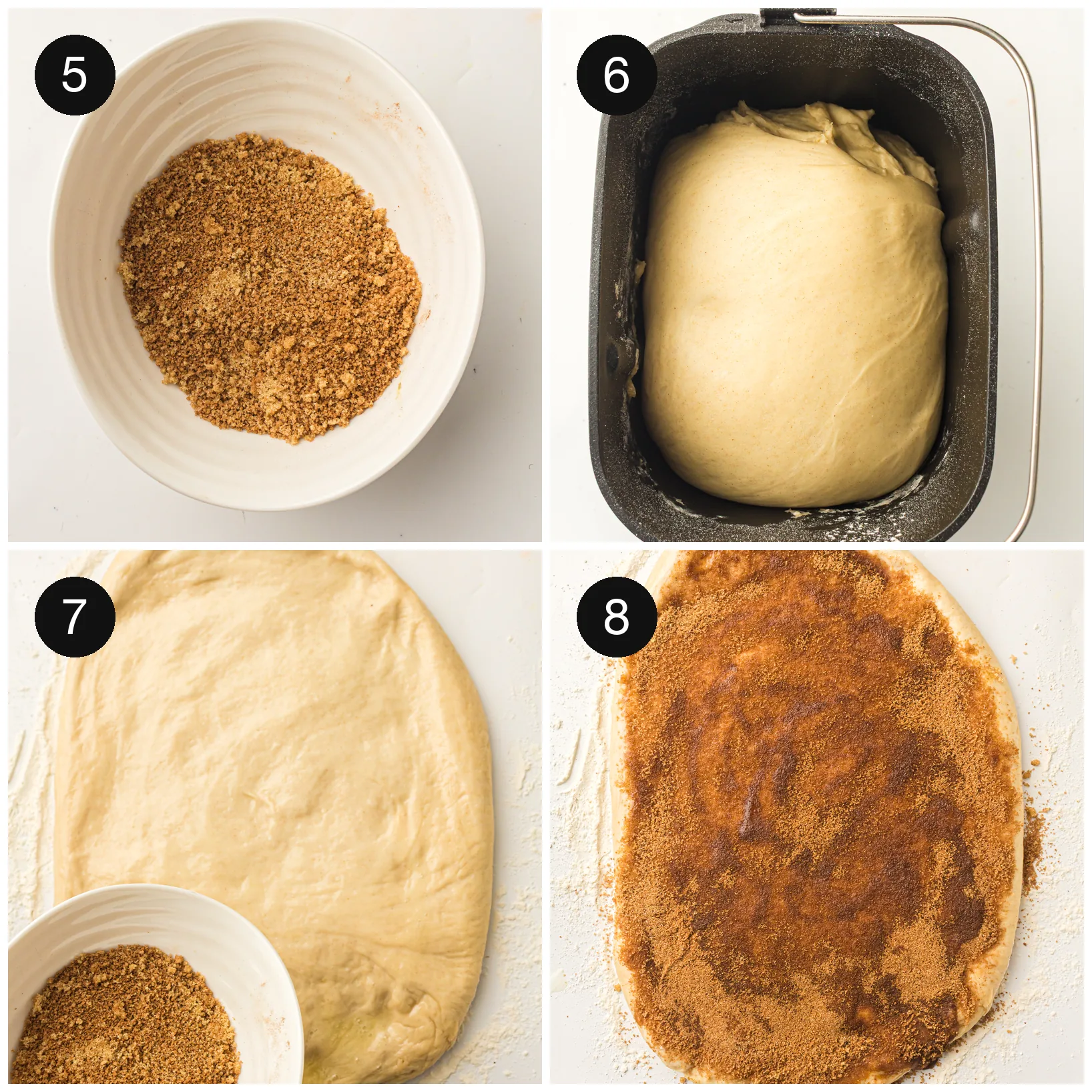 Risen dough beside a bowl of brown sugar and spice, then rolled out and covered with the filling