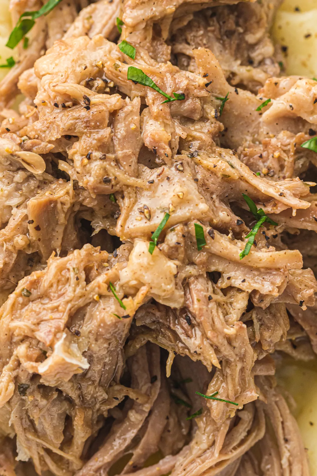 Close up of glossy buttery shreds scattered with chopped parsley