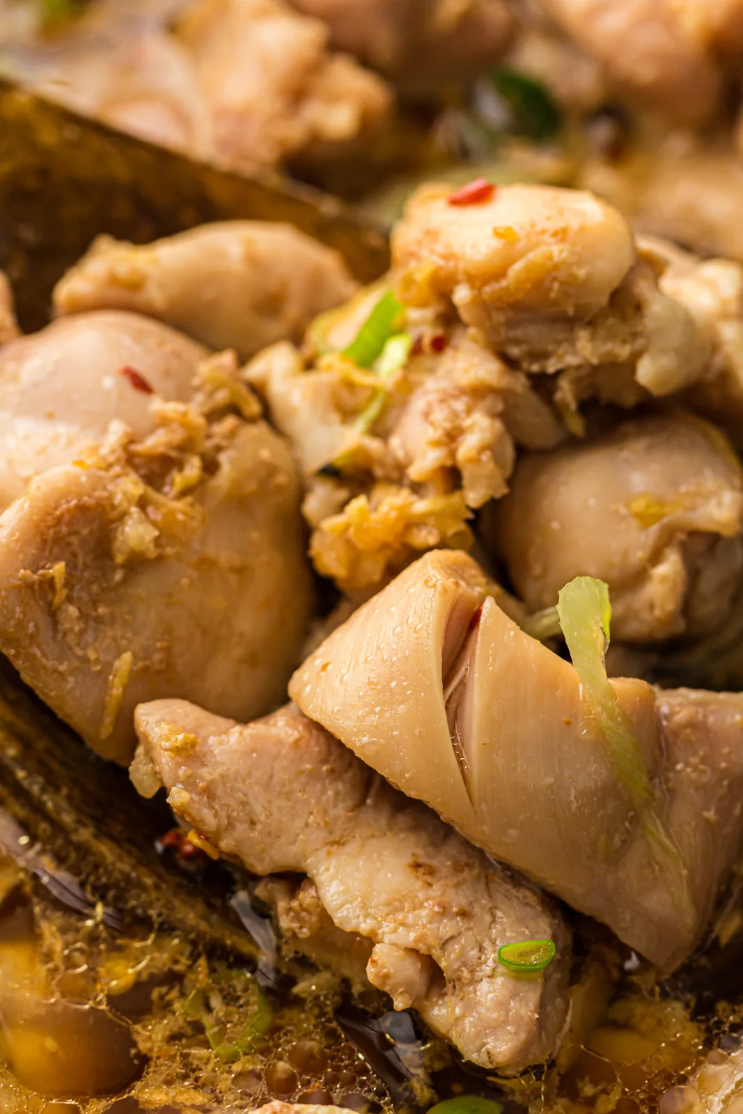 Close up of tender glazed morsels with green onion and chilli