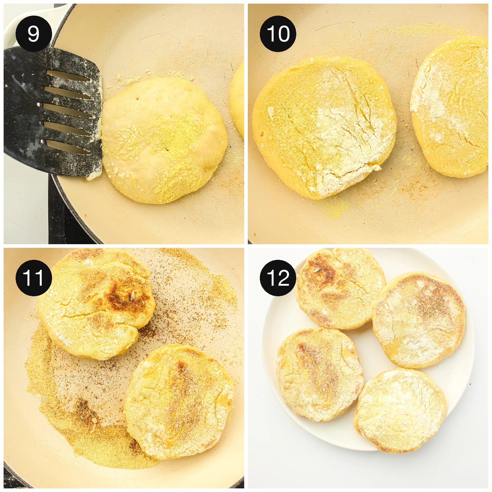 Rounds in a dry pan, turned over halfway, then piled on a plate