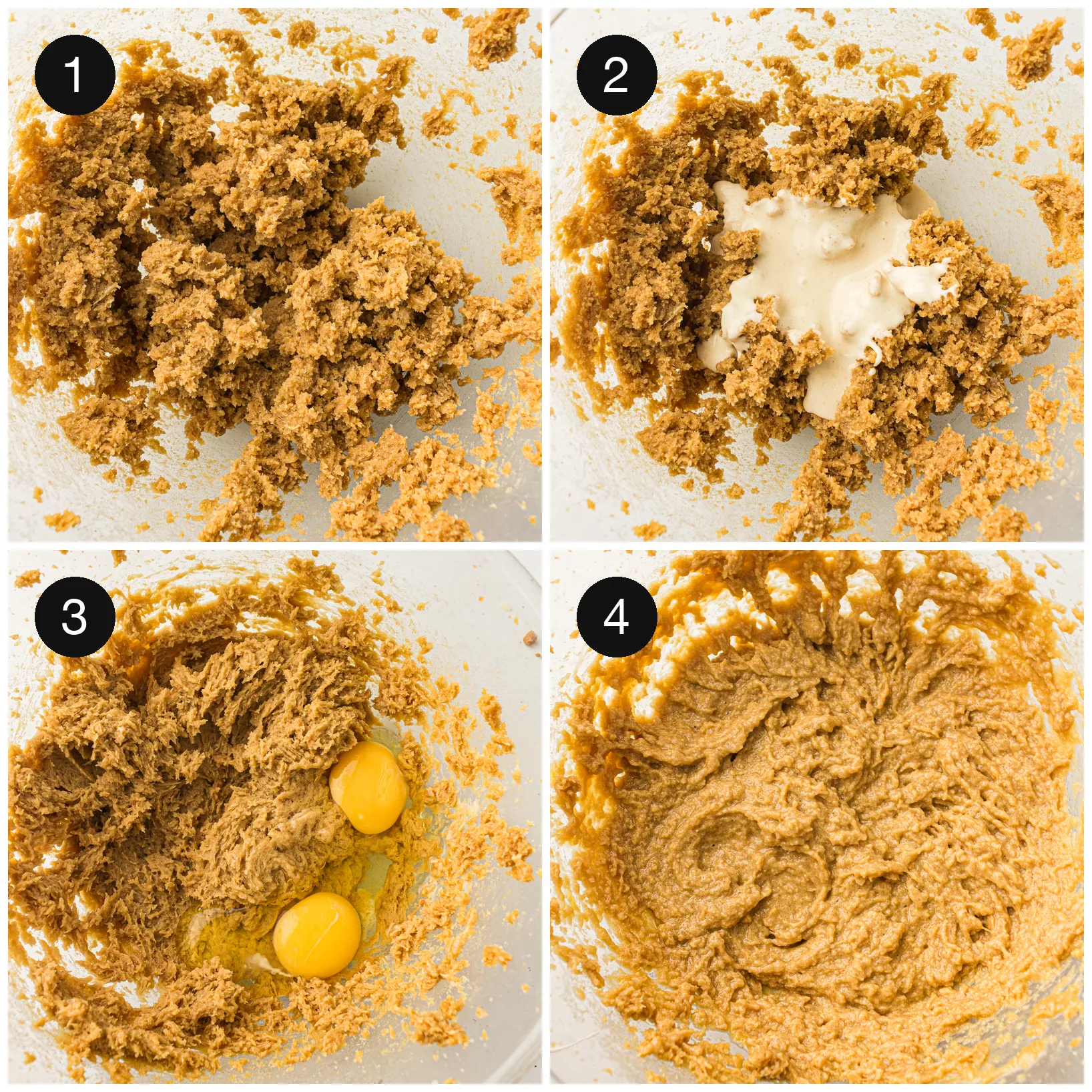 Butter creamed with both sugars, then eggs beaten in one at a time