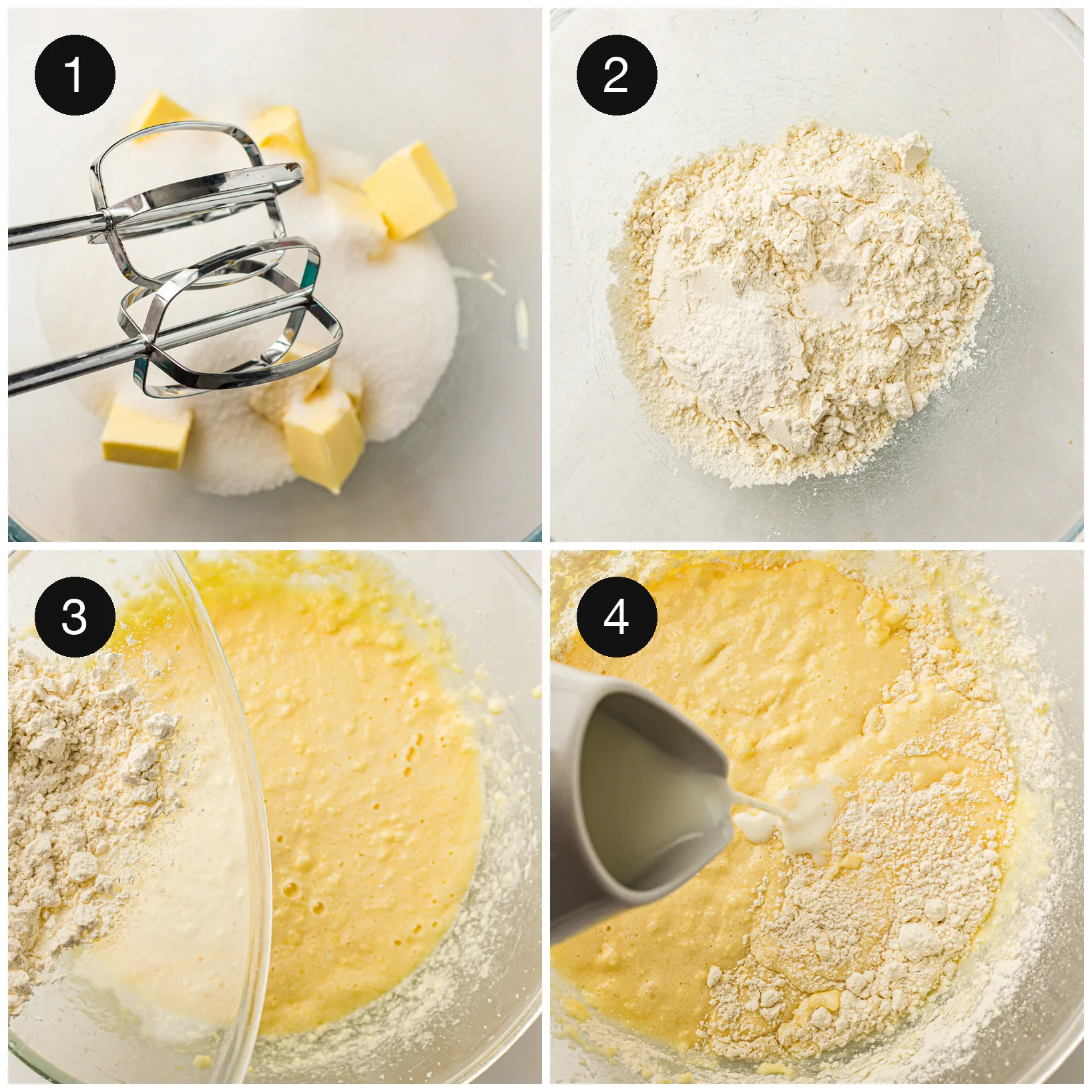 Butter and sugar creamed until pale, then eggs beaten in one at a time
