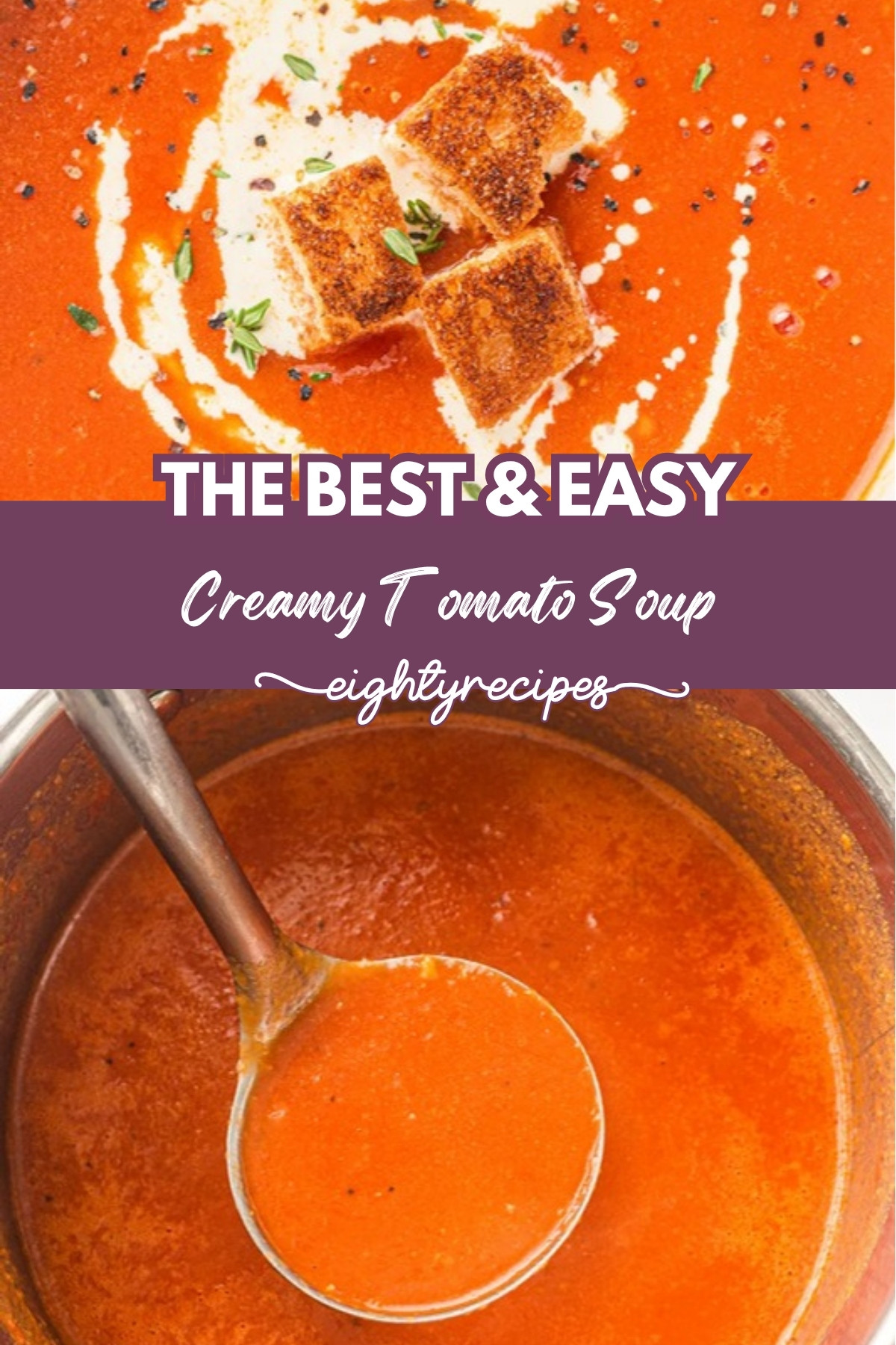 Creamy tomato soup recipe pin for Pinterest